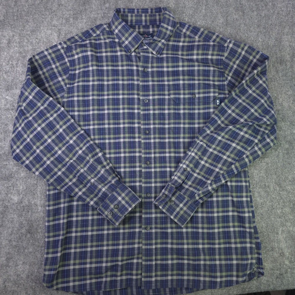 Fish Hippie Shirt XL Blue Green Plaid Long Sleeve Button Down Stretch Flannel